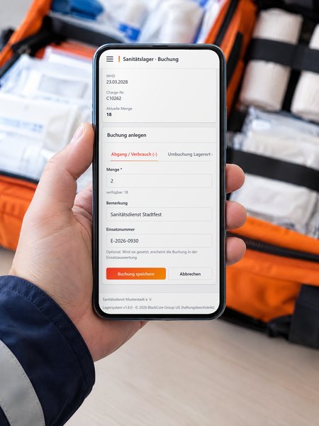 StockKit auf einem Smartphone: Verbrauchsbuchung im Sanitätslager mit Menge, Bemerkung und Einsatznummer